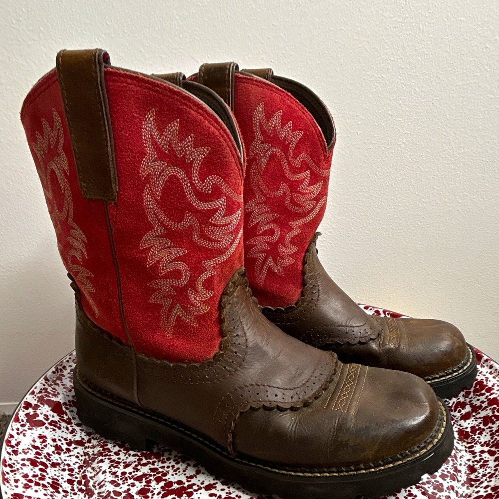 Ariat Mens Leather Western Cowboy Boots 11 B Red Shaft Brown Round Toe 1001694